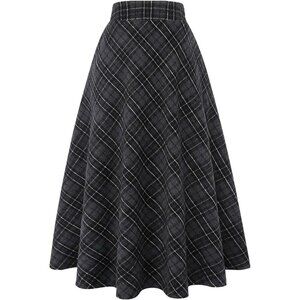 Womens Dark Grey Elastic Waist A-Line Pleated Tartan Long Plaid Wool Skirts